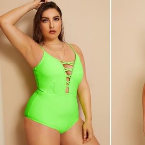 Plus Neon Lime Criss Cross Plunging One Piece Swim